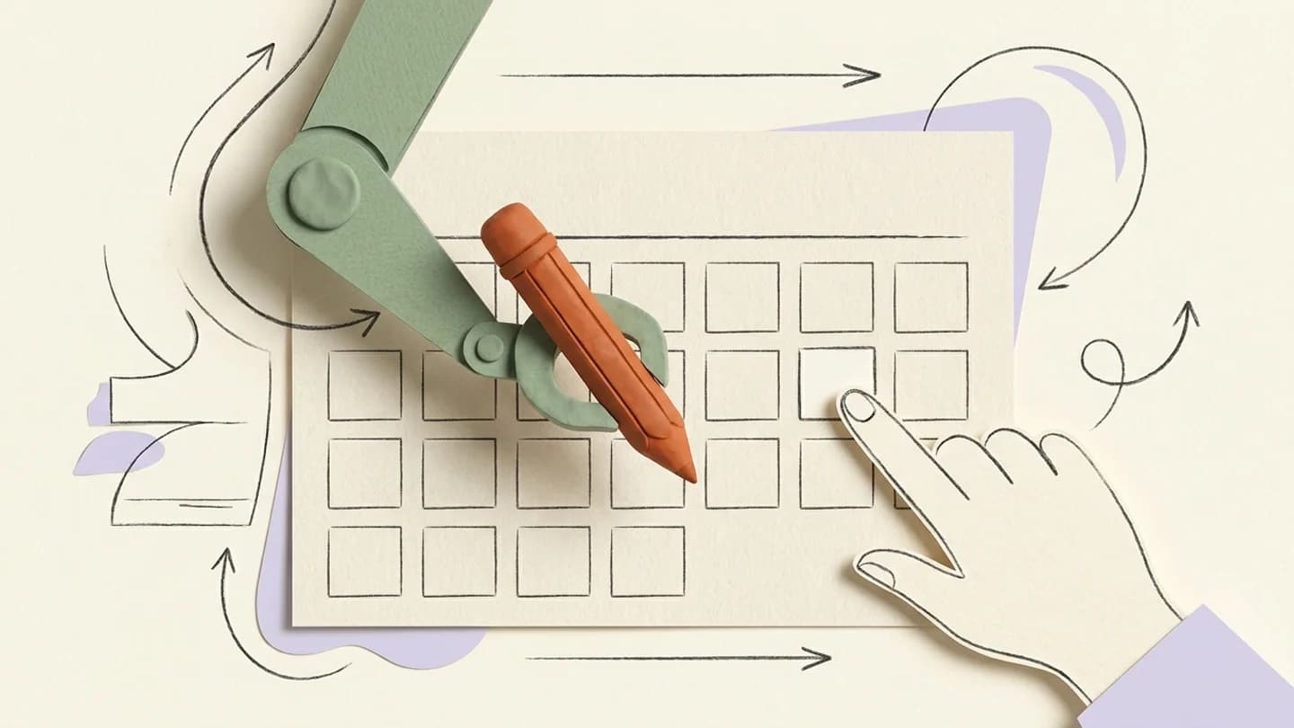A sculptural orange pencil held by a simple mechanical sage arm above a paper calendar, alongside a human-shaped ivory hand pointing to one blank square