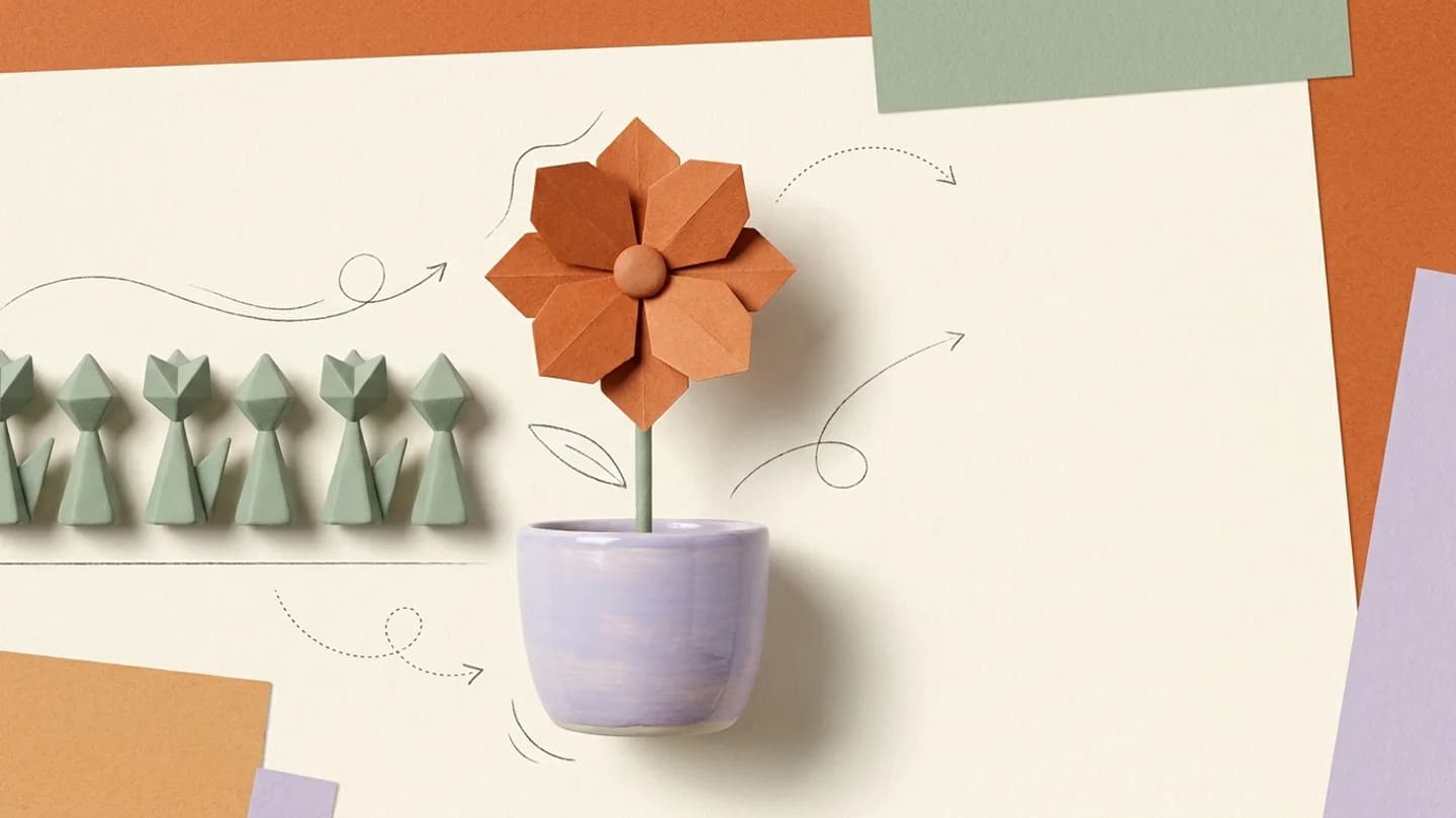 A single orange origami flower standing out among a row of sage geometric flowers, small ceramic lavender pot, expressive craft-paper composition.