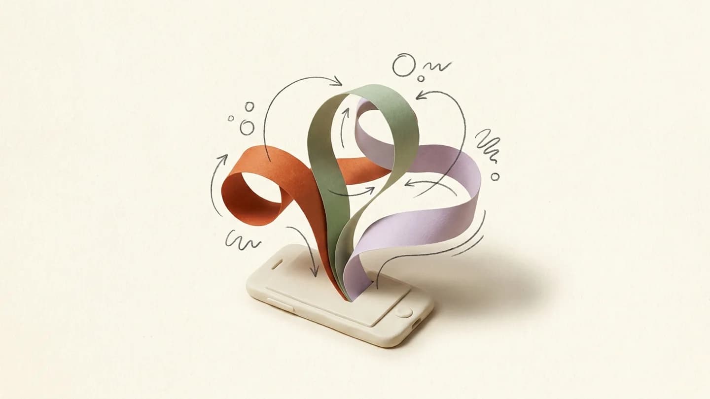 Three intertwined paper speech ribbons, orange sage and lavender, emerging from a miniature ivory phone, connected organically like a conversation sculpture.